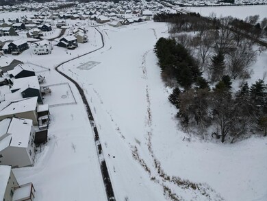 Aerial view of pond and wooded area