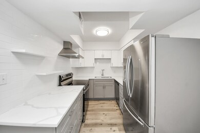 This modern kitchen features stainless steel appli