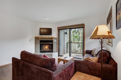 Living area featuring a tiled fireplace and wood f