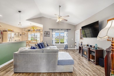 Living room featuring lofted ceiling, wood finished floors, and ceiling fan