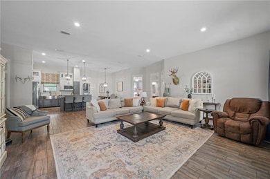 Living area with dark wood-style flooring and rece