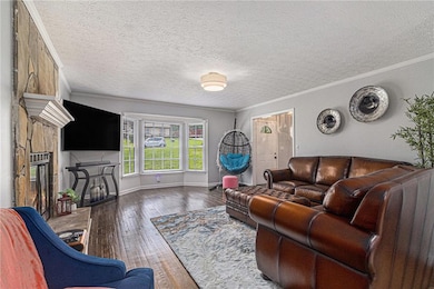 Living area with hardwood / wood-style floors, a glass covered fireplace, crown molding, and a textured ceiling