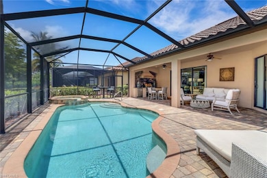 View of swimming pool with a patio, ceiling fan, an outdoor living space, outdoor dining space, and a pool with connected hot tub