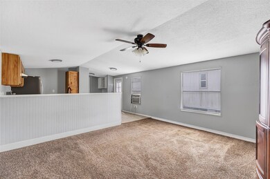 This spacious living area features a cozy carpeted floor and a ceiling fan, with an open layout leading to the kitchen. The kitchen has wooden cabinets and modern appliances, offering a warm and inviting atmosphere. Natural light fills the room through large windows, creating a bright and airy space perfect for relaxation or entertaining.