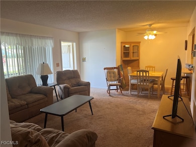 Carpeted living room featuring ceiling fan and a textured ceiling