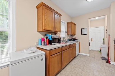 Kitchen with white dishwasher, baseboards, fridge,