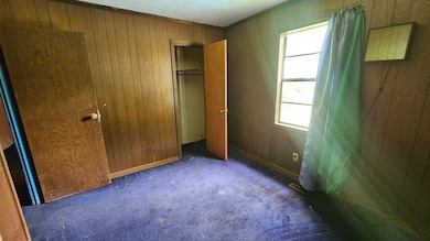 Unfurnished bedroom with wood walls, carpet floors
