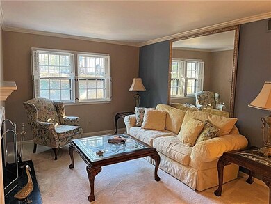 Carpeted living room featuring ornamental molding and baseboards