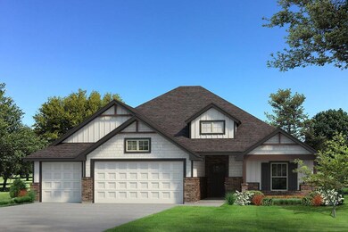 Craftsman-style house with board and batten siding, a front lawn, concrete driveway, a garage, and brick siding