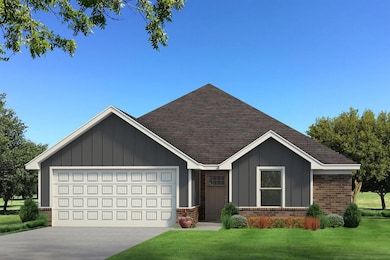 Ranch-style home with board and batten siding, brick siding, and a front yard