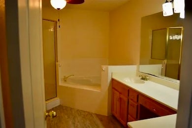Full bath with a shower stall, a bath, vanity, and a ceiling fan