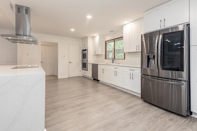 Kitchen with stainless steel appliances, island range hood, a sink, light wood-style flooring, and white cabinets