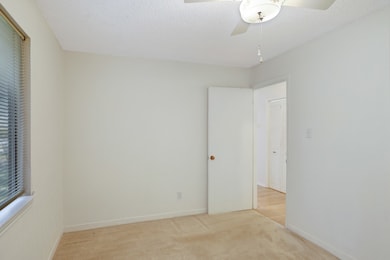 Unfurnished bedroom with light colored carpet, a textured ceiling, a ceiling fan, and multiple windows