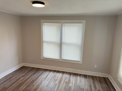 Empty room with dark wood finished floors, a textured ceiling, and baseboards