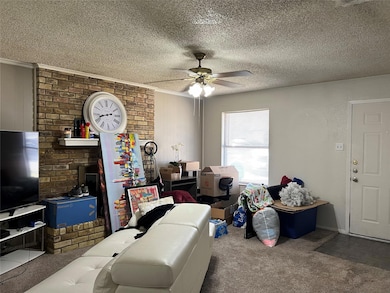 Carpeted living room featuring ceiling fan and a t