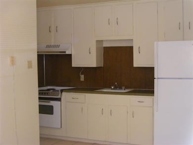 Kitchen with under cabinet range hood, white appli