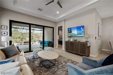 Living room with a tray ceiling, recessed lighting