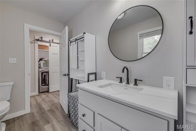 Bathroom with vanity, light wood-style floors, washer / dryer, a textured wall, and a closet
