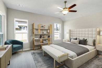 Come and unwind after a long day in this magnificent primary suite! This spacious room features plush carpet, custom paint, sitting area, high ceilings, ceiling fan with lighting, and large windows.
