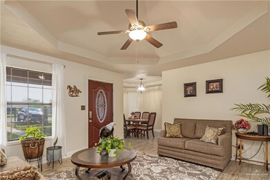 Living room featuring a raised ceiling, a ceiling fan, and light wood finished floors