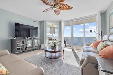 Living room featuring ceiling fan, a healthy amoun