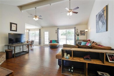 Huge Greatroom with plank floors and cathedral cei