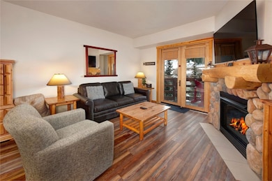 Living area with a stone fireplace and wood tile f