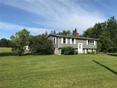 Large, manicured front lawn with...