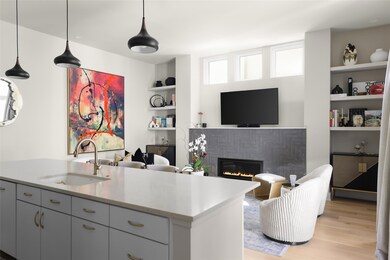 Kitchen with a glass covered fireplace, open shel