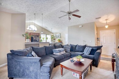 Carpeted living room with vaulted ceiling, ceiling