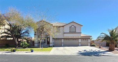 2 story home, w/ a tiled roof, a front lawn RV par