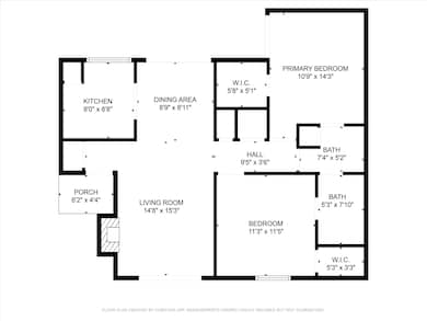 Explore this thoughtfully designed floor plan featuring a spacious living room, a cozy dining area, and a functional kitchen. The primary bedroom includes a walk-in closet, while a second bedroom and 1.5 bathrooms offer comfort and convenience. Enjoy outdoor relaxation on the charming porch. Ideal for comfortable living.