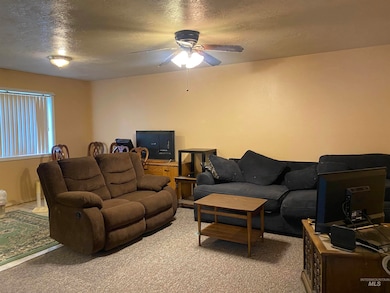 Carpeted living room with a textured ceiling and ceiling fan