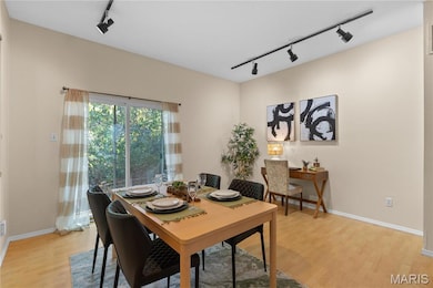 Dining space featuring rail lighting and light wood-type flooring