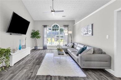 Living area featuring a ceiling fan, wood finished floors, and a textured ceiling