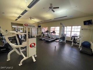 Exercise room with ceiling fan