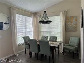 Dining area with lofted ceiling, hardwood / wood-s