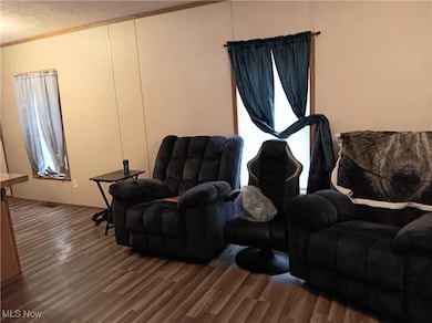 Living area with a textured ceiling and dark wood-type flooring
