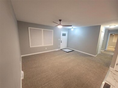 Second view of the living room with carpet and ceiling fan.