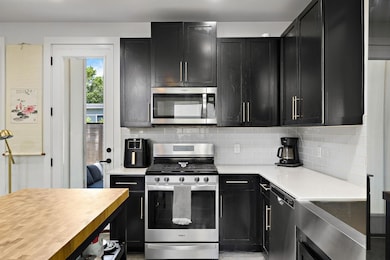 Kitchen with stainless steel appliances, dark cab