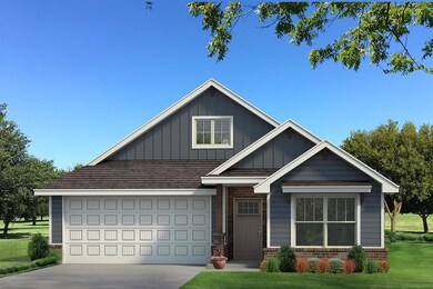 Craftsman-style home featuring board and batten siding, concrete driveway, a front yard, an attached garage, and brick siding