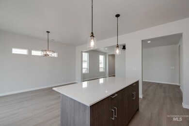 Kitchen featuring a kitchen island, dark brown cabinetry, open floor plan, and light wood finished floors