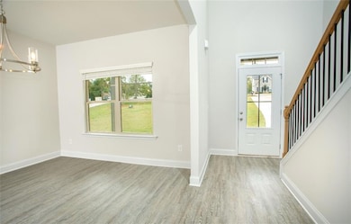 Entryway with a chandelier, hardwood / wood-style 