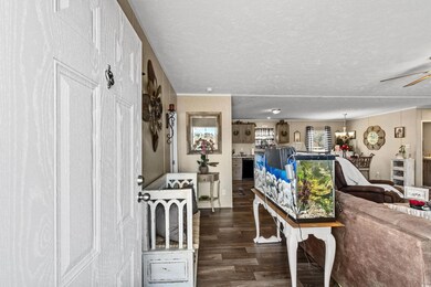Living room with ceiling fan, a textured ceiling, 