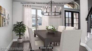 Dining room with dark wood-type flooring, a chandelier, and french doors
