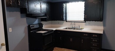 Kitchen with range, a sink, dark cabinetry, and li