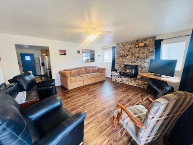 Living area featuring a wood stove, wood finished floors, plenty of natural light, and ceiling fan
