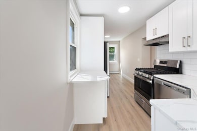 Kitchen with white cabinets, stainless steel appliances, under cabinet range hood, light stone counters, and light wood-style flooring