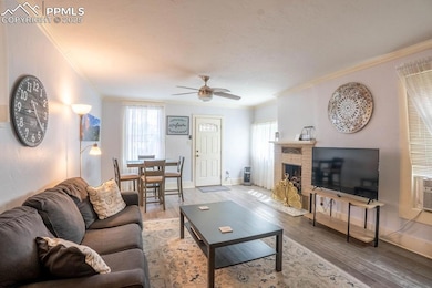 Living room with crown molding, light wood finishe