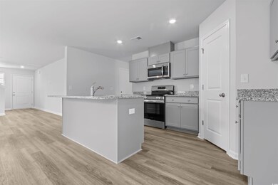 Kitchen with light hardwood / wood-style flooring, gray cabinets, stainless steel appliances, and an island with sink